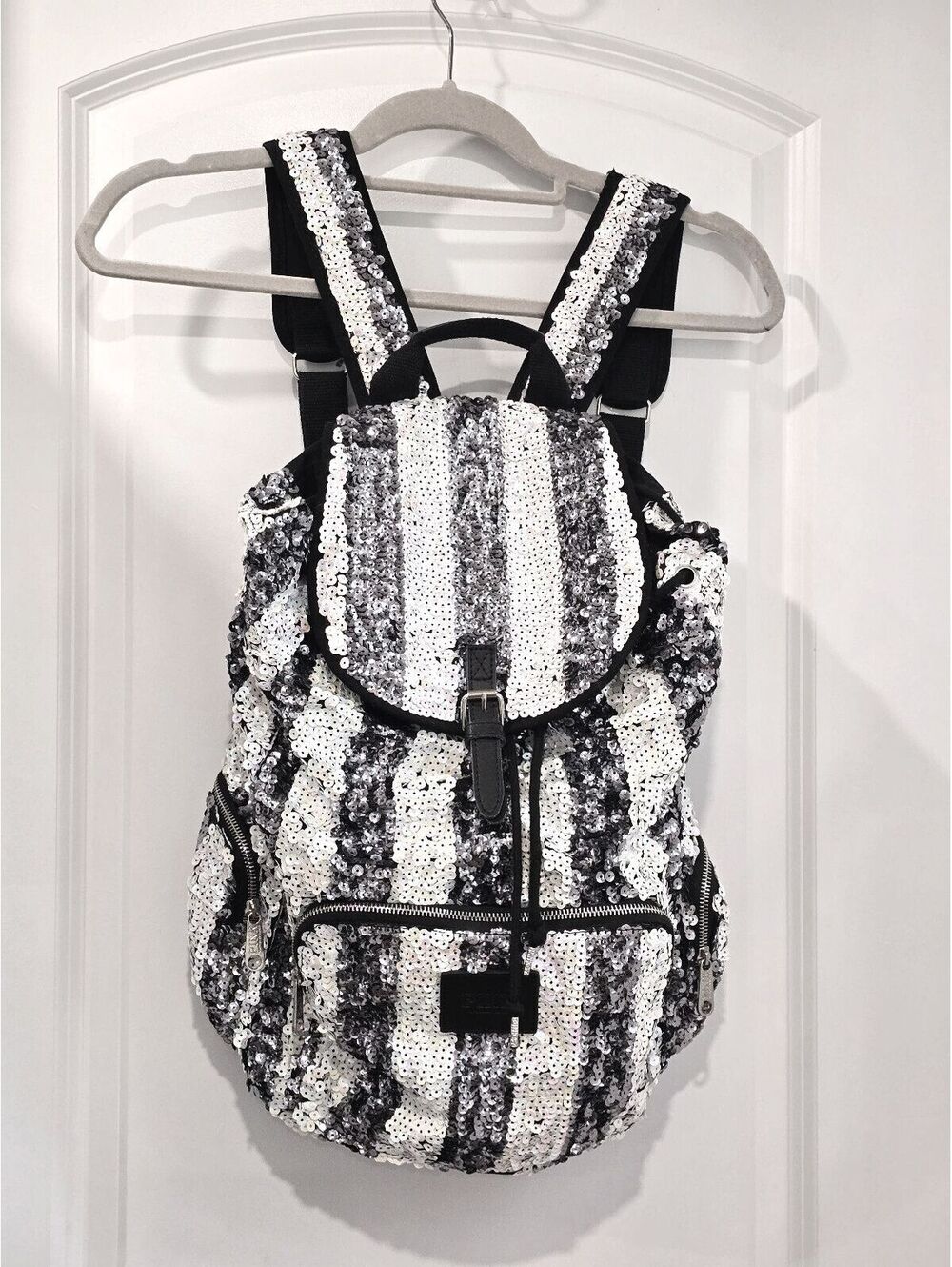 Victoria's Secret PINK Black & White Sequin Striped Campus Backpack Vintage Y2K